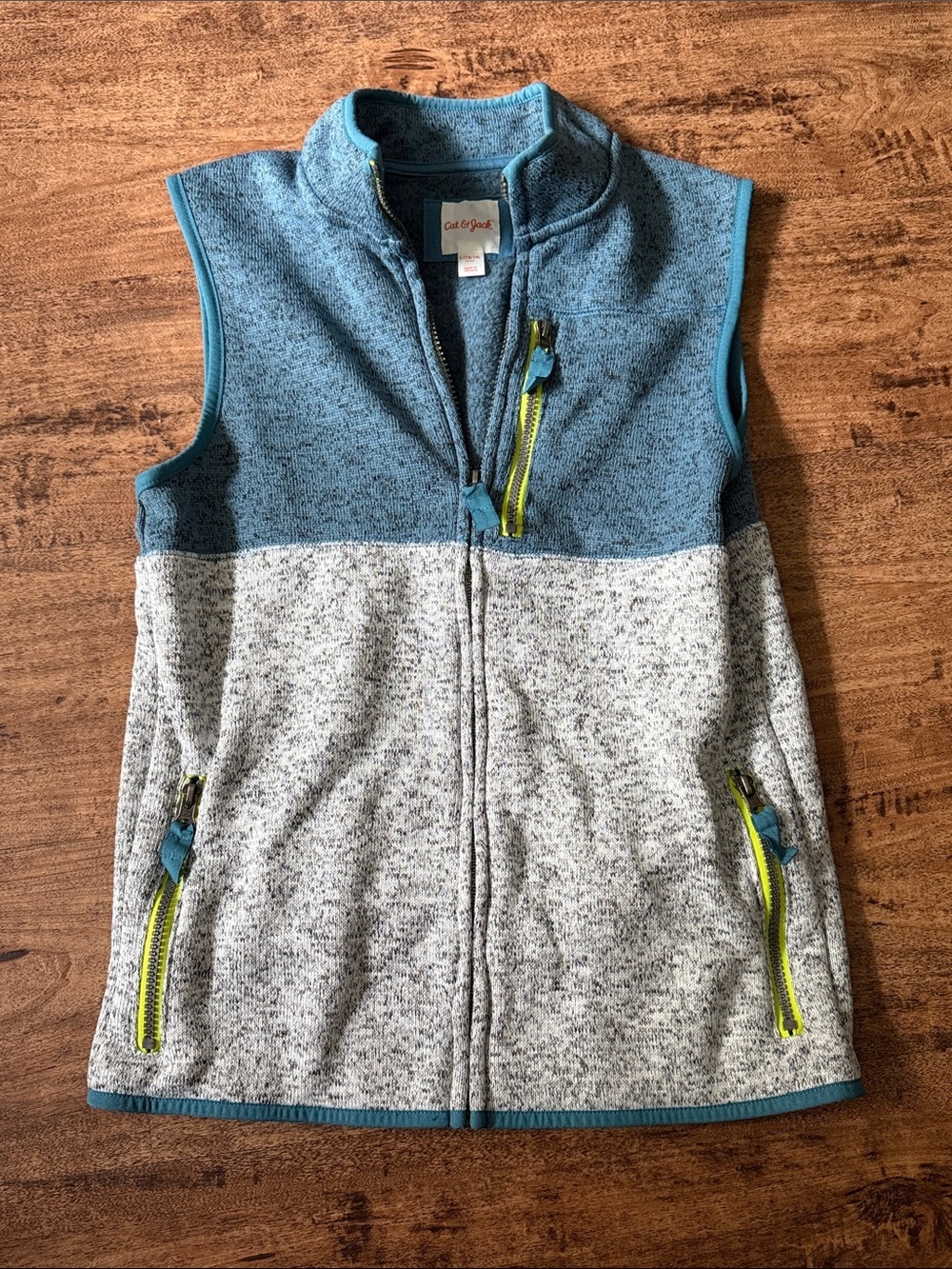 Cat & Jack Blue and Light Gray Fleece Vest with Lime Zippers size 12/14 large